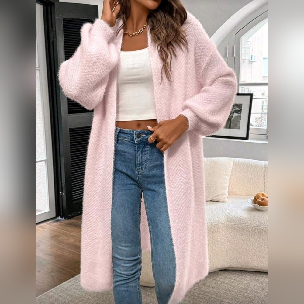 SHEIN Powder Pink Fuzzy Open-Front Long Cardigan